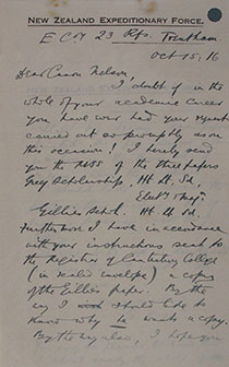 Professor Owen letter to AUC Registrar 1916, General Correspondence - 1916. University of Auckland Administrative Archives.